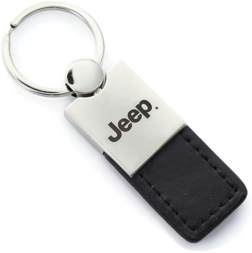 Jeep Black Leather Long Tab Logo Key Ring - Click Image to Close